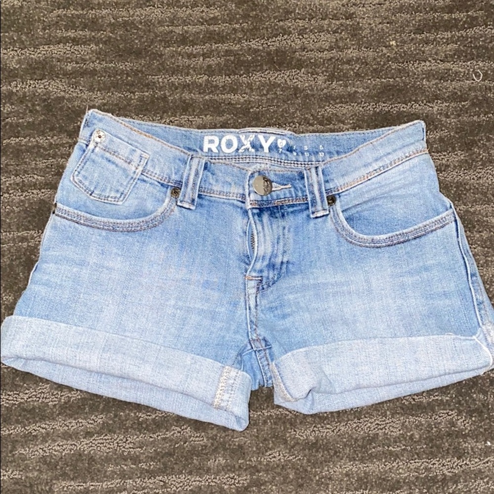 Roxy women size 0 roll up light blue Denim Jean shorts rolled hem Y2K low rise